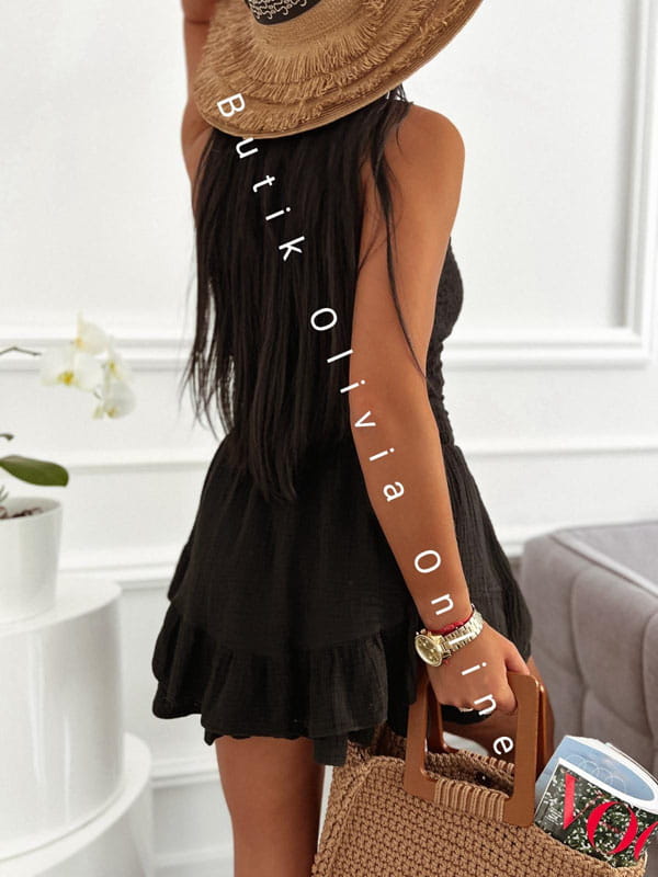 Kurzer schwarzer Musselin-Jumpsuit mit Korsagen-Oberteil und Skort mit Volants