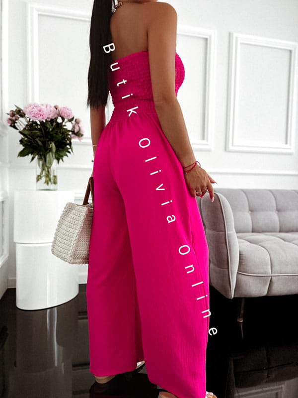 Fuchsiafarbener Sommer-Jumpsuit mit weitem Bein und trägerlosem Korsett-Oberteil