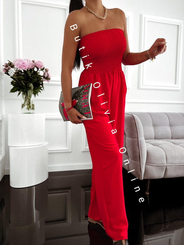 Roter Sommer-Jumpsuit mit weitem Bein und trägerlosem Korsett-Oberteil