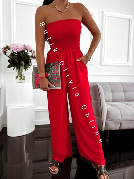Roter Sommer-Jumpsuit mit weitem Bein und trägerlosem Korsett-Oberteil