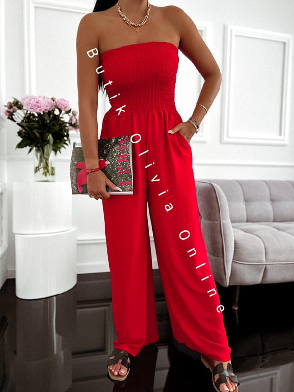 Roter Sommer-Jumpsuit mit weitem Bein und trägerlosem Korsett-Oberteil