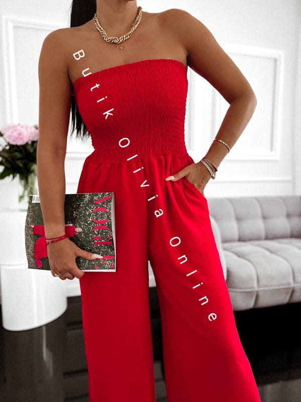 Roter Sommer-Jumpsuit mit weitem Bein und trägerlosem Korsett-Oberteil