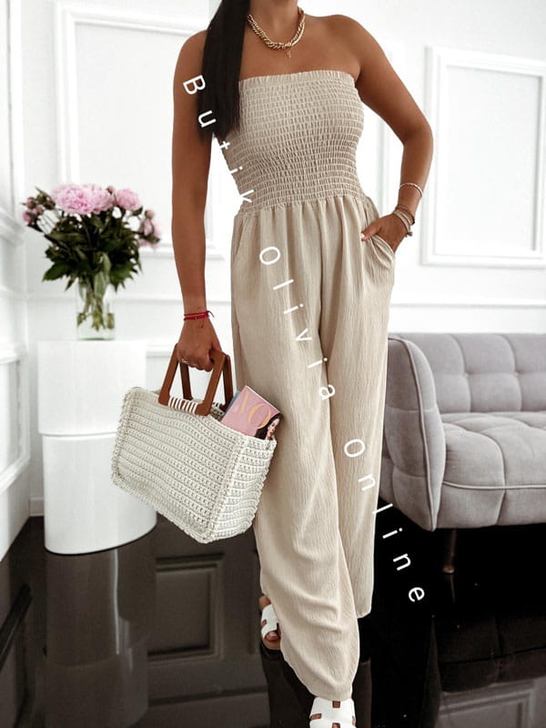 Beiger Sommer-Jumpsuit mit weitem Bein und trägerlosem Korsett-Oberteil
