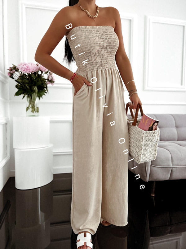 Beiger Sommer-Jumpsuit mit weitem Bein und trägerlosem Korsett-Oberteil