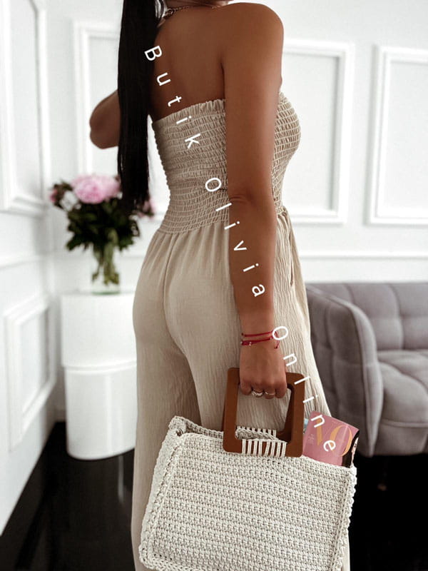 Beiger Sommer-Jumpsuit mit weitem Bein und trägerlosem Korsett-Oberteil