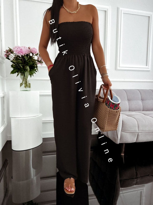 Schwarzer Sommer-Jumpsuit mit weitem Bein und trägerlosem Korsett-Oberteil
