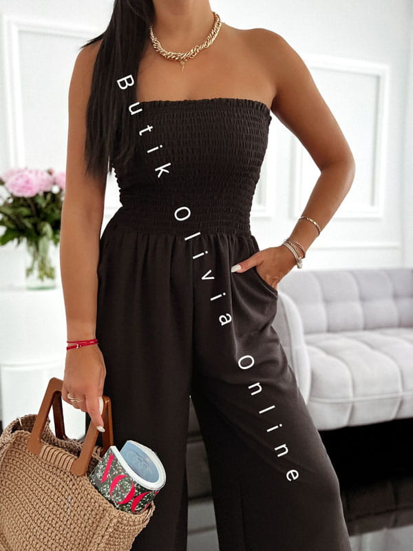 Schwarzer Sommer-Jumpsuit mit weitem Bein und trägerlosem Korsett-Oberteil
