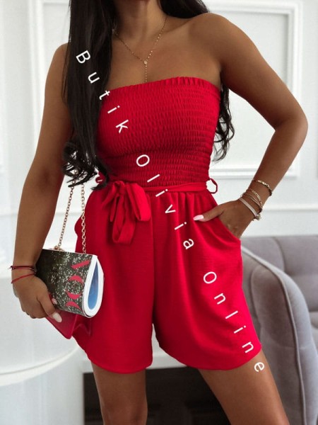 Kurzer roter Damen-Playsuit für den Sommer, trägerlos mit gerafftem Korsett-Oberteil und lockeren Shorts mit Taschen und Bindegürtel in der Taille