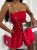 Kurzer roter Damen-Playsuit für den Sommer, trägerlos mit gerafftem Korsett-Oberteil und lockeren Shorts mit Taschen und Bindegürtel in der Taille