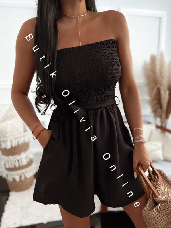 Kurzer schwarzer Damen-Playsuit für den Sommer, trägerlos mit gerafftem Korsett-Oberteil, lockeren Shorts mit Taschen und Bindegürtel