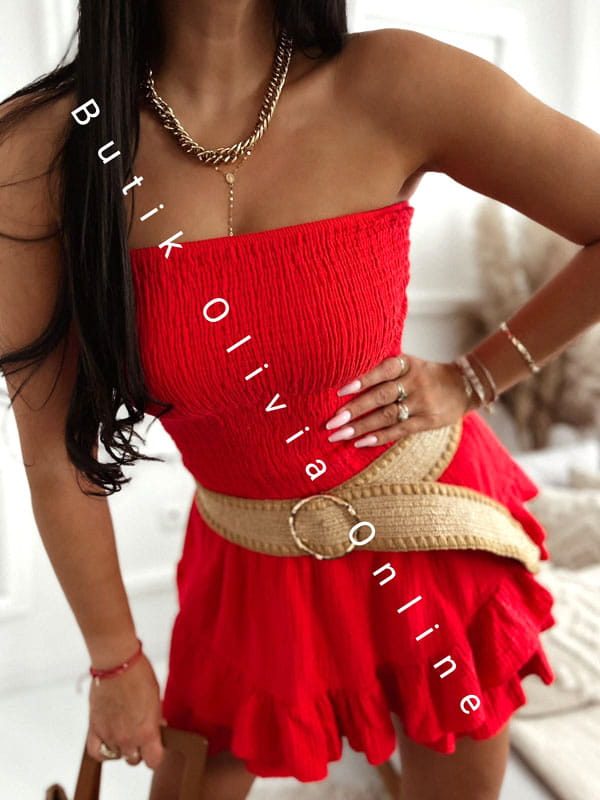 Roter kurzer Musselin-Jumpsuit mit Korsagen-Oberteil und Skort mit Volants
