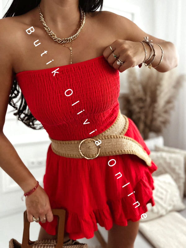Roter kurzer Musselin-Jumpsuit mit Korsagen-Oberteil und Skort mit Volants