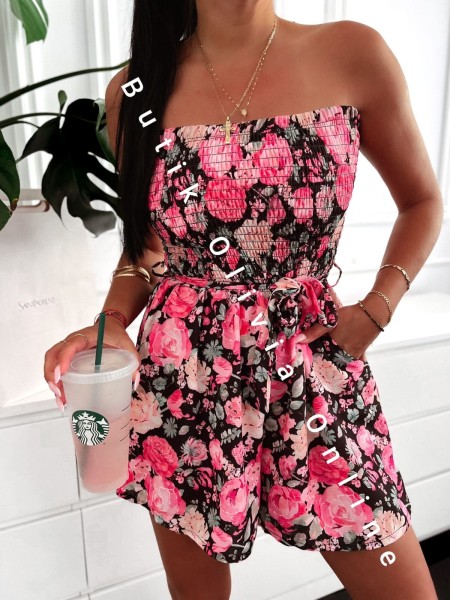 Kurzer Sommer-Playsuit mit Blumenmuster, trägerlos mit elastischem Oberteil, lockeren Shorts und Bindegürtel
