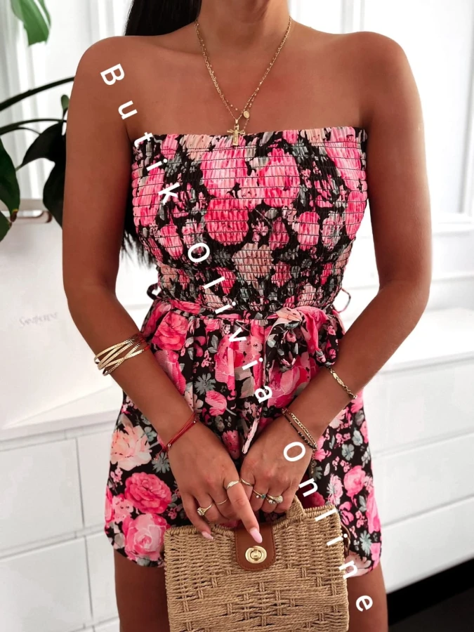 Kurzer Sommer-Playsuit mit Blumenmuster, trägerlos mit elastischem Oberteil, lockeren Shorts und Bindegürtel
