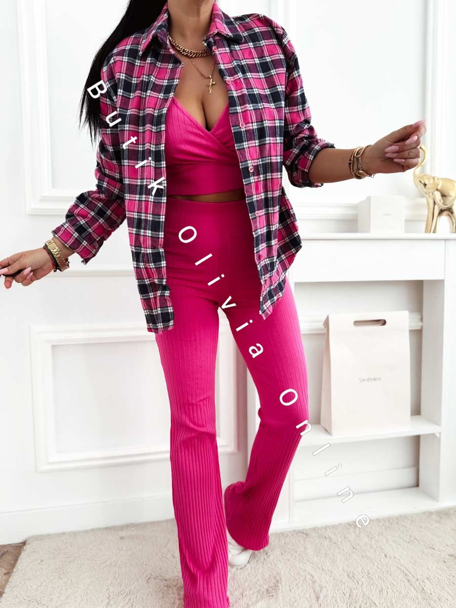 damska koszula flanelowa w kratę róż z granatem