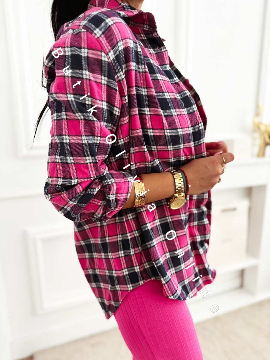 damska koszula flanelowa w kratę róż z granatem