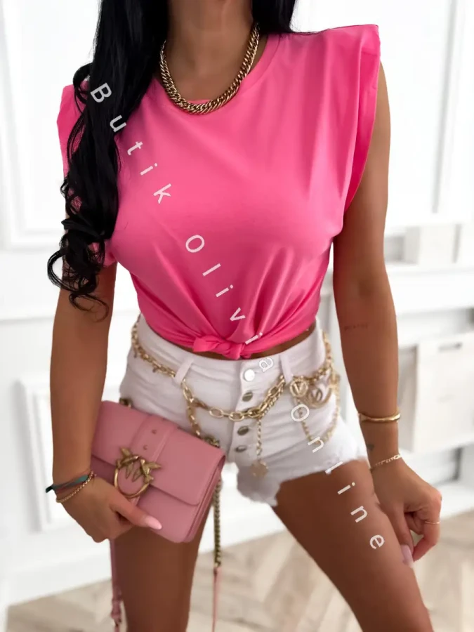 Rosa ärmelloses Damen-T-Shirt mit Schulterpolstern
