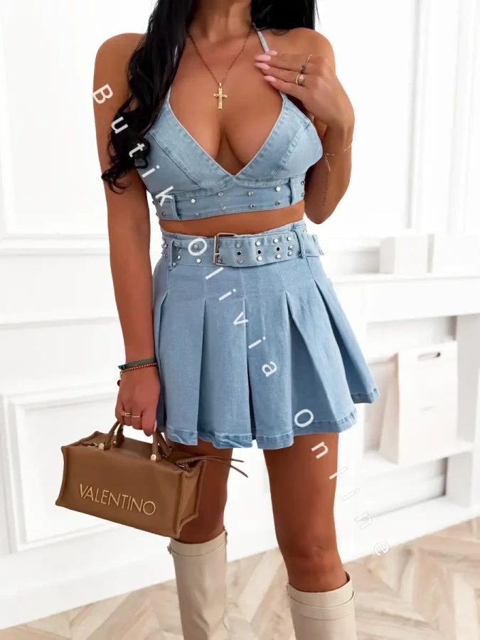 Blaues Damen-Jeans-Set: Neckholder-Top & plissierter Skort mit Gürtel