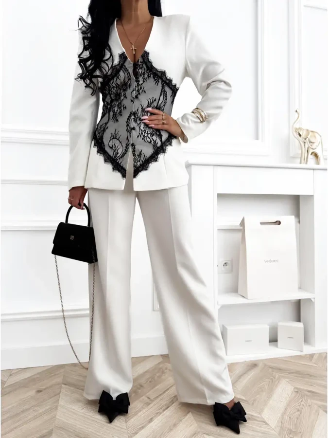 Damen Hosenanzug Weiß Zweiteiler Blazer mit schwarzer Spitze und Hose