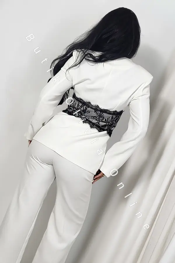 Damen Hosenanzug Weiß Zweiteiler Blazer mit schwarzer Spitze und Hose