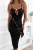 Schwarzes geripptes Midi-Trägerkleid mit schmalen Trägern