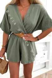 Musselin-Jumpsuit mit Ausschnitt und Gürtel EMILLY - Khaki