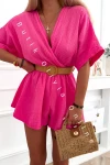 Musselin-Jumpsuit mit Ausschnitt und Gürtel EMILLY - Fuchsia