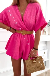 Musselin-Jumpsuit mit Ausschnitt und Gürtel EMILLY - Fuchsia
