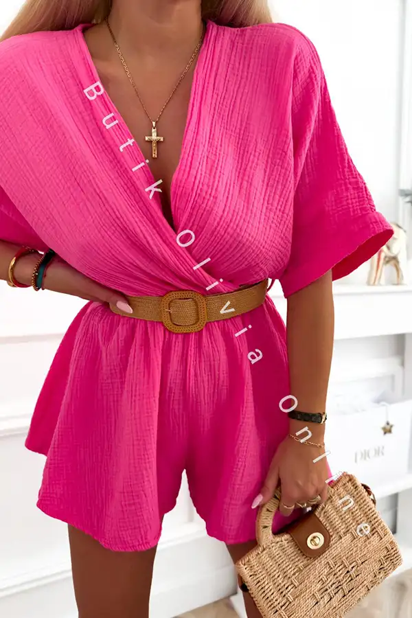Kurzer Musselin-Jumpsuit mit V-Ausschnitt und Webgürtel fuchsia