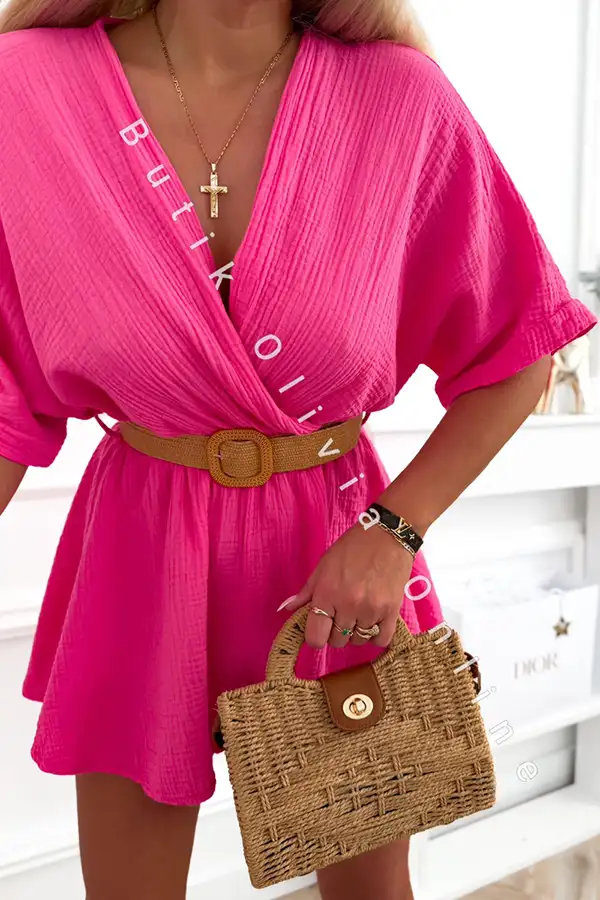 Kurzer Musselin-Jumpsuit mit V-Ausschnitt und Webgürtel fuchsia