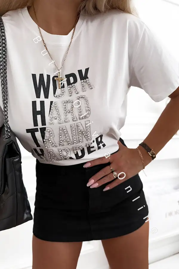 Weißes Statement-Shirt für Damen – Baumwoll-T-Shirt mit Aufdruck „WORK HARD“