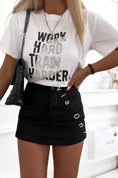 Weißes Statement-Shirt für Damen – Baumwoll-T-Shirt mit Aufdruck „WORK HARD“