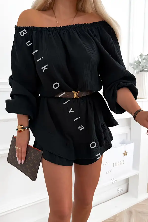 Schwarzer Musselin-Playsuit im Skort-Look mit Langarm