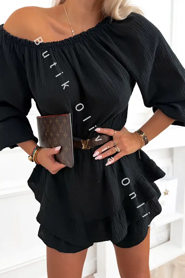 Schwarzer Musselin-Playsuit im Skort-Look mit Langarm