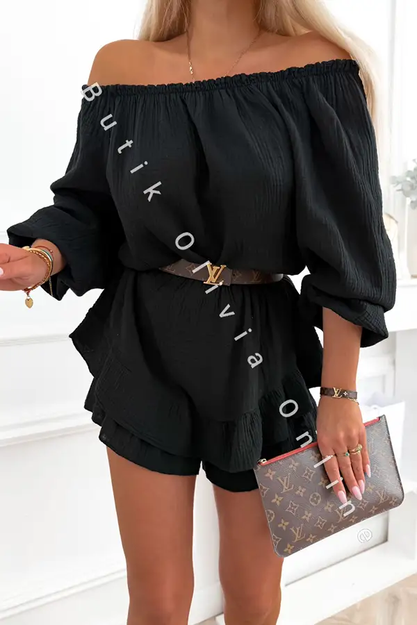 Schwarzer Musselin-Playsuit im Skort-Look mit Langarm