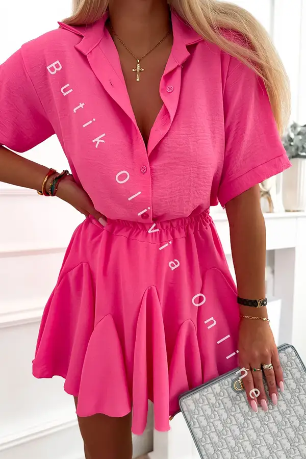Rosa Sommer-Set – lockeres Oversize-Hemd mit Kurzarm und Skort mit Volants