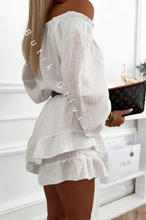Schulterfreier Musselin-Playsuit im Skort-Look mit Puffärmeln