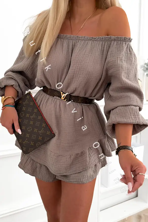 Musselin-Carmen-Playsuit im Skort-Look mit langen Ärmeln in Fango