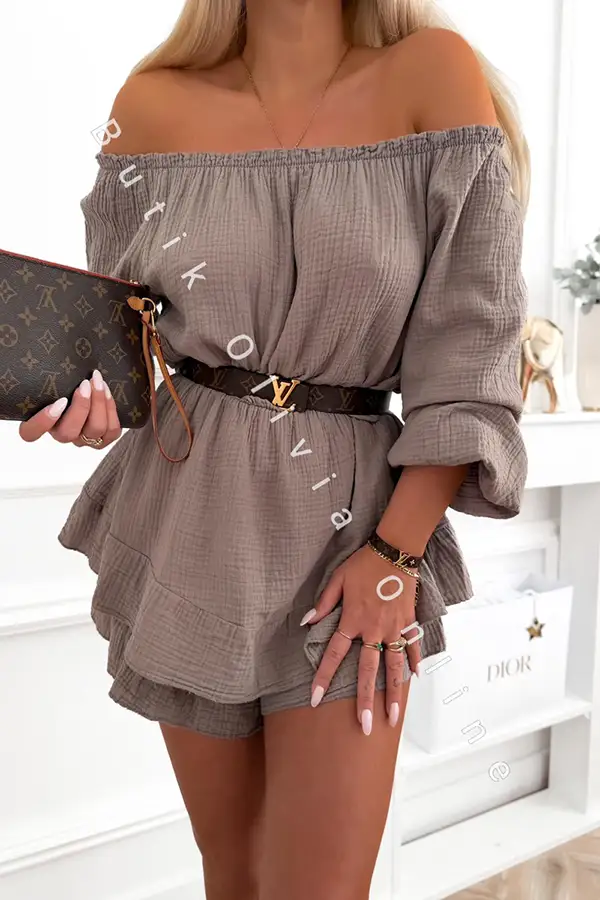 Musselin-Carmen-Playsuit im Skort-Look mit langen Ärmeln in Fango