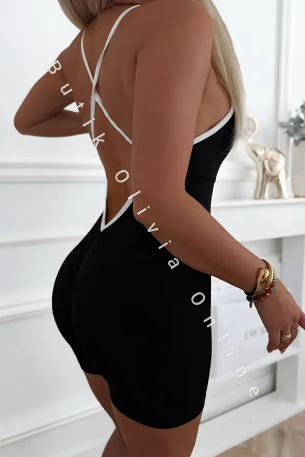 Schwarzer gerippter kurzer Jumpsuit mit Push-up-Effekt