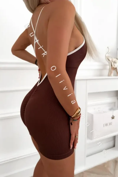 Brauner gerippter kurzer Jumpsuit mit Push-up-Effekt