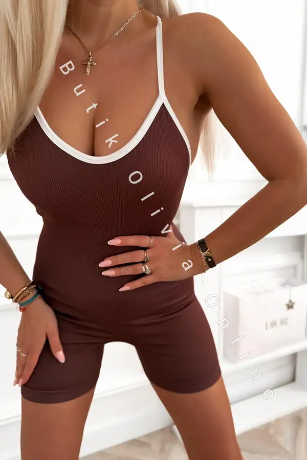 Brauner gerippter kurzer Jumpsuit mit Push-up-Effekt