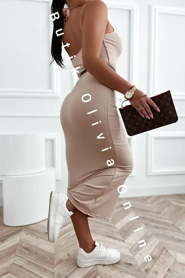 Beiges geripptes Midi-Kleid mit schmalen Trägern