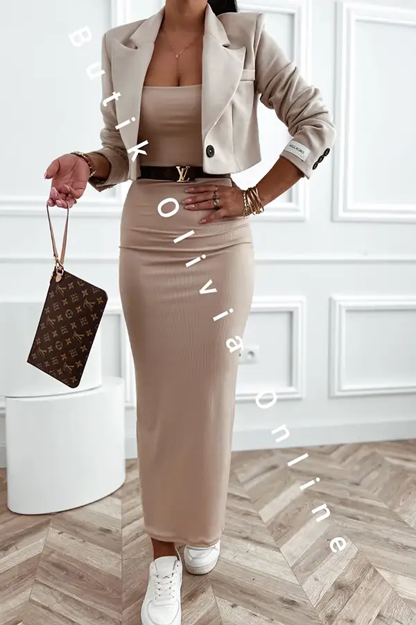 Beiges geripptes Midi-Kleid mit schmalen Trägern