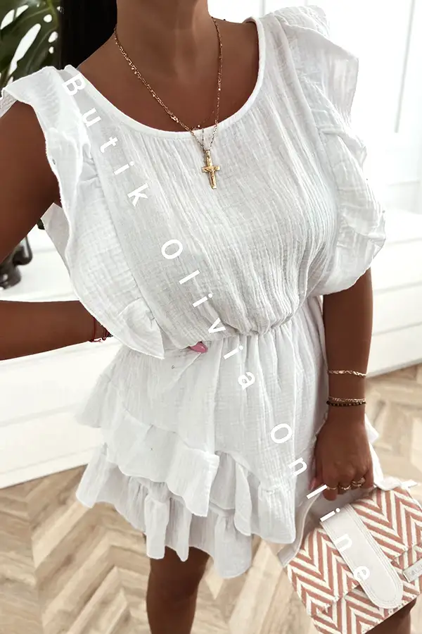Weißer Musselin-Jumpsuit mit Rüschen und Rock-Shorts