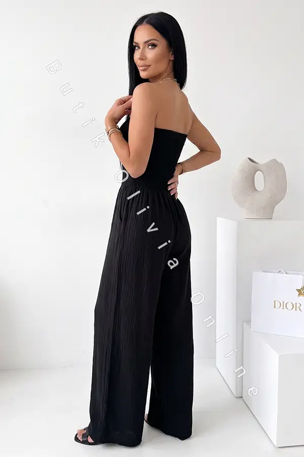Schwarzer Musselin-Jumpsuit mit langem, weitem Bein