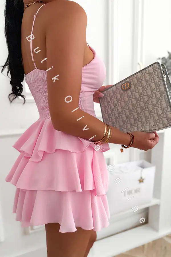Rosa Playsuit im Kleid-Look mit Spaghettiträgern und V-Ausschnitt