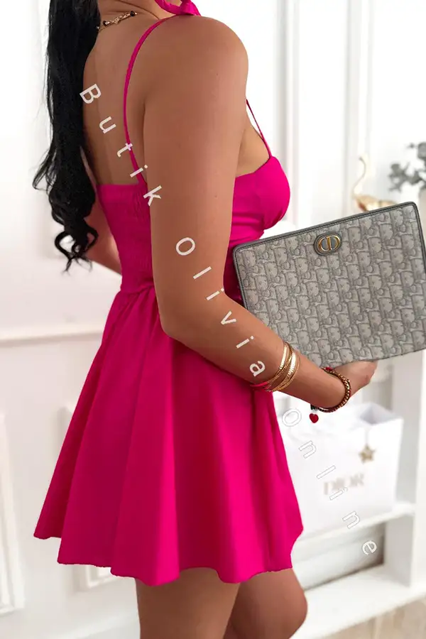 Fuchsia-Minikleid mit Trägern und Korsagen-Oberteil