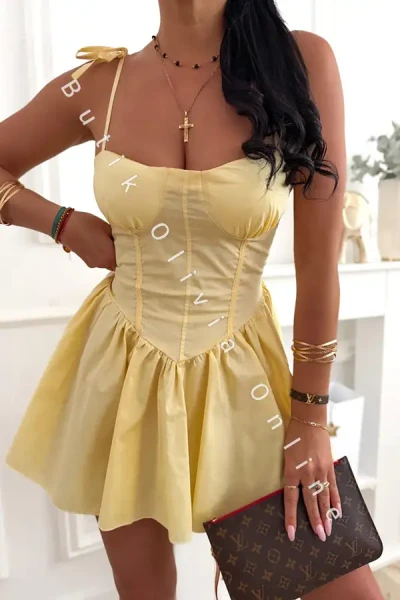 Gelbes Mini-Sommerkleid mit Trägern und Korsettoberteil