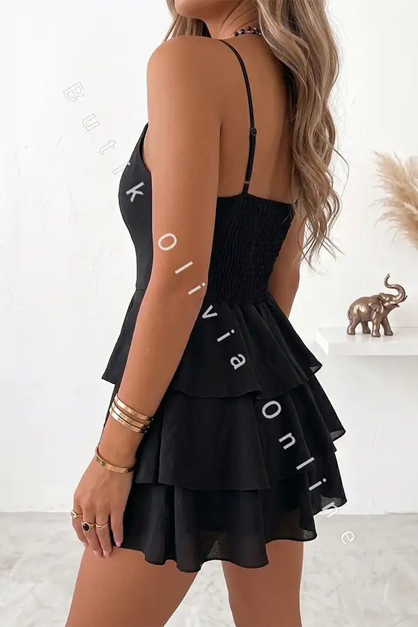 Schwarzer Playsuit im Kleid-Look z Spaghettiträgern und V-Ausschnitt